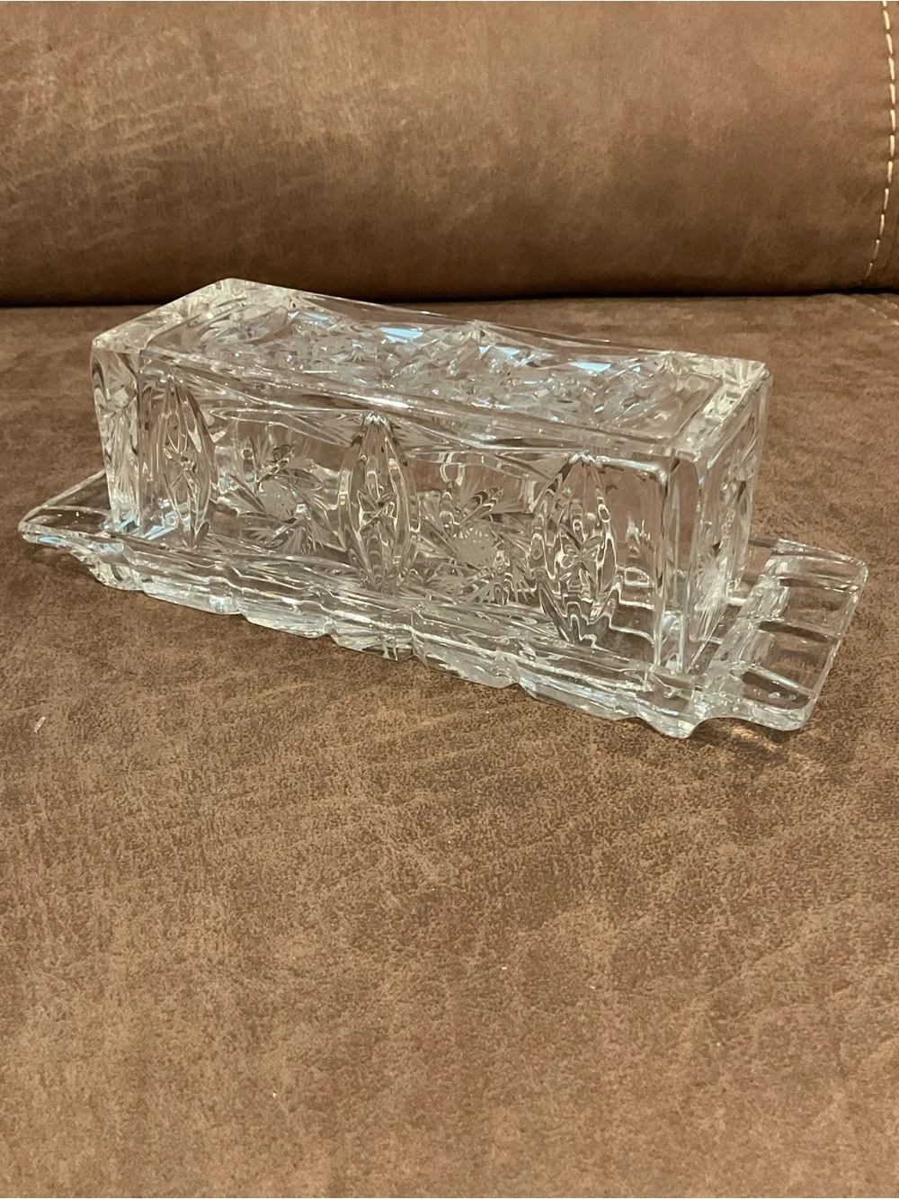 Vintage Crystal Glass Butter Dish with Pinwheel Design